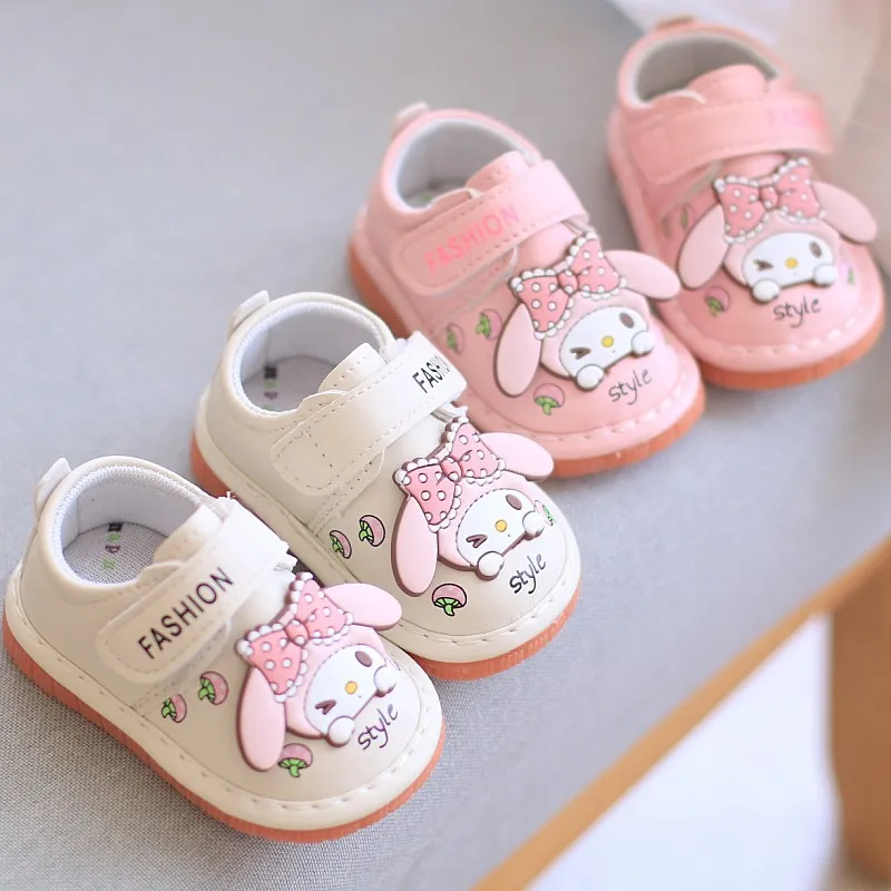 

House Shoes Toddler Squeaky Shoes PU Leather Cartoon For Girls Anti-slip Breathable Velcro Pink white Shoes Size 16-20