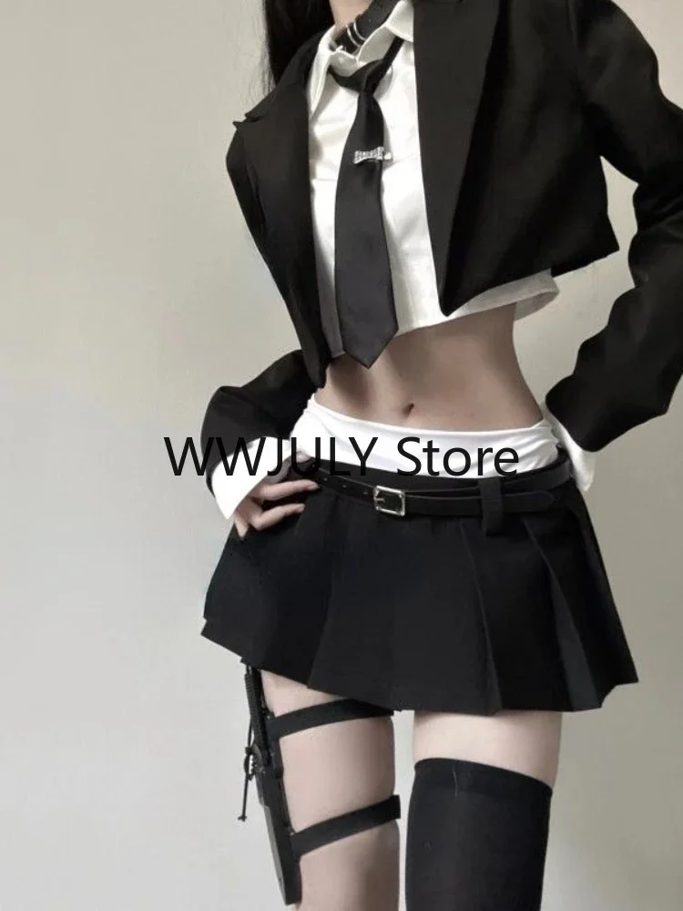 2024 Vintage 3 Piece Set Skirt Woman Black Short Blazers + Casual Shirt + Slim Mini Skirt Party Korean Fashion Suit Female Chic