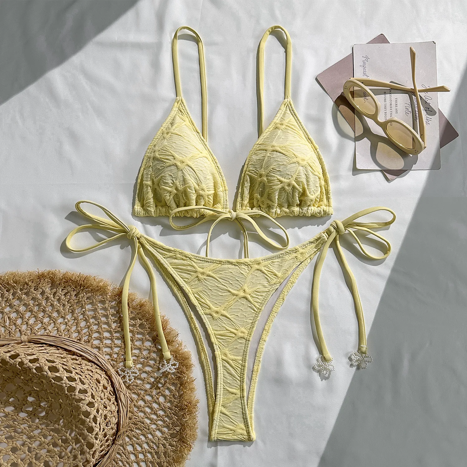 Conjuntos de microbikinis a cuadros sexys, traje de baño con colgante de cuentas y lazo halter de dos piezas, conjunto de bikini tankini, ropa de playa