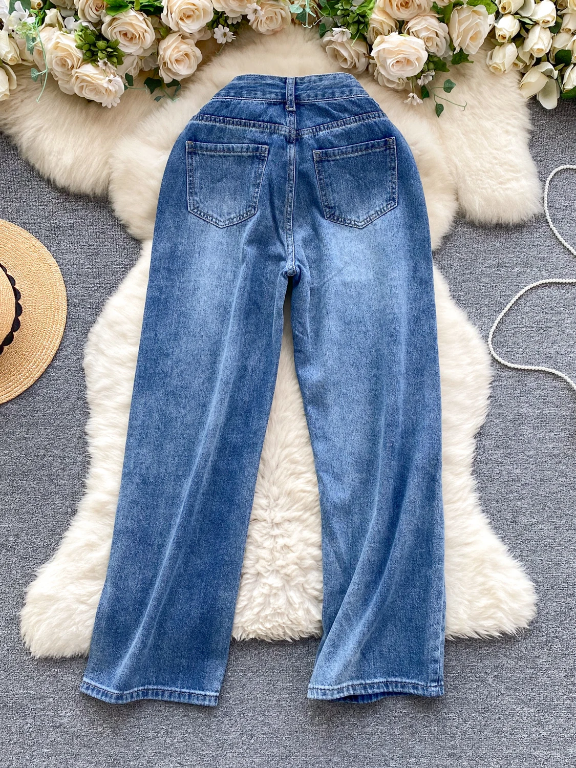 Calça jeans feminina de cintura alta com borda crua, design de moda vintage, calça de perna larga, jeans feminino combinando tudo, streetwear, primavera