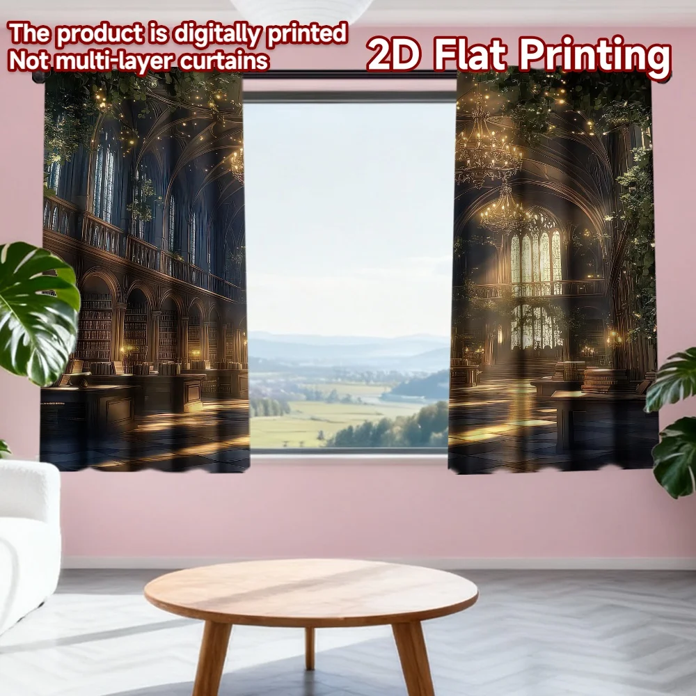 

2D flat printing 2pcs Scene Curtains Magical Library Scene Digital Printed Polyester Drapes Family Party Decoration for Holiday