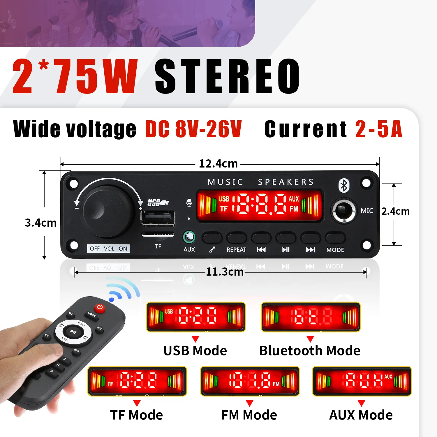 150W Amplifier Bluetooth MP3 WMA WAV Decoder Board Handsfree Car Audio Microphone USB TF FM Radio Music Player Speaker DC 12V