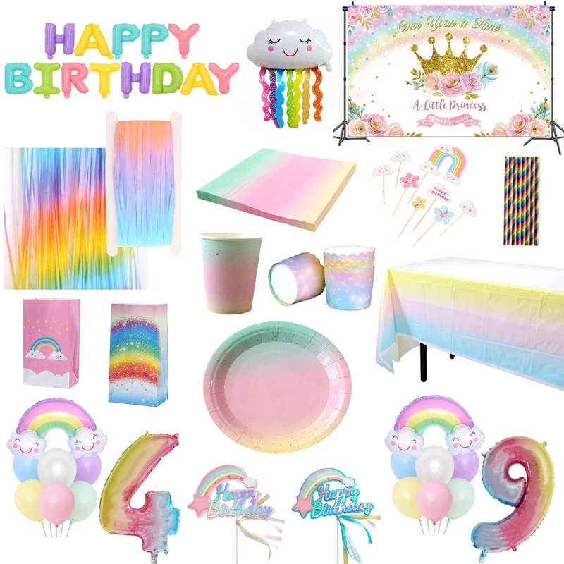 

Rainbow Birthday Party Decorations Disposable Tableware Paper Plates Cup Napkin Rainbow Balloons Girls Rainbow Party Supplies