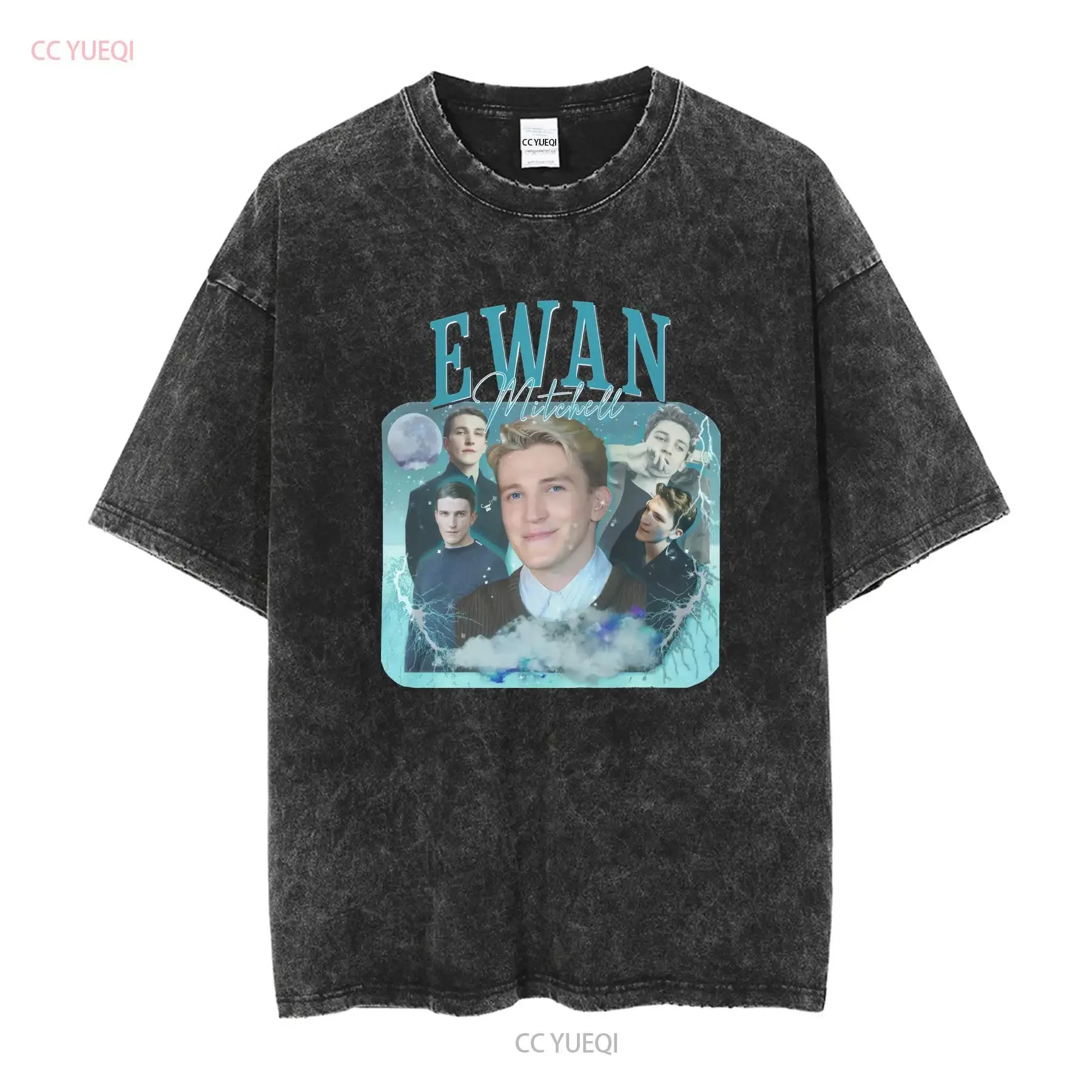 Ewan Mitchell Retro Style T shirt Pisces Edition Blue long or short sleeves vintage Washed Casual fashion Slightly graphic