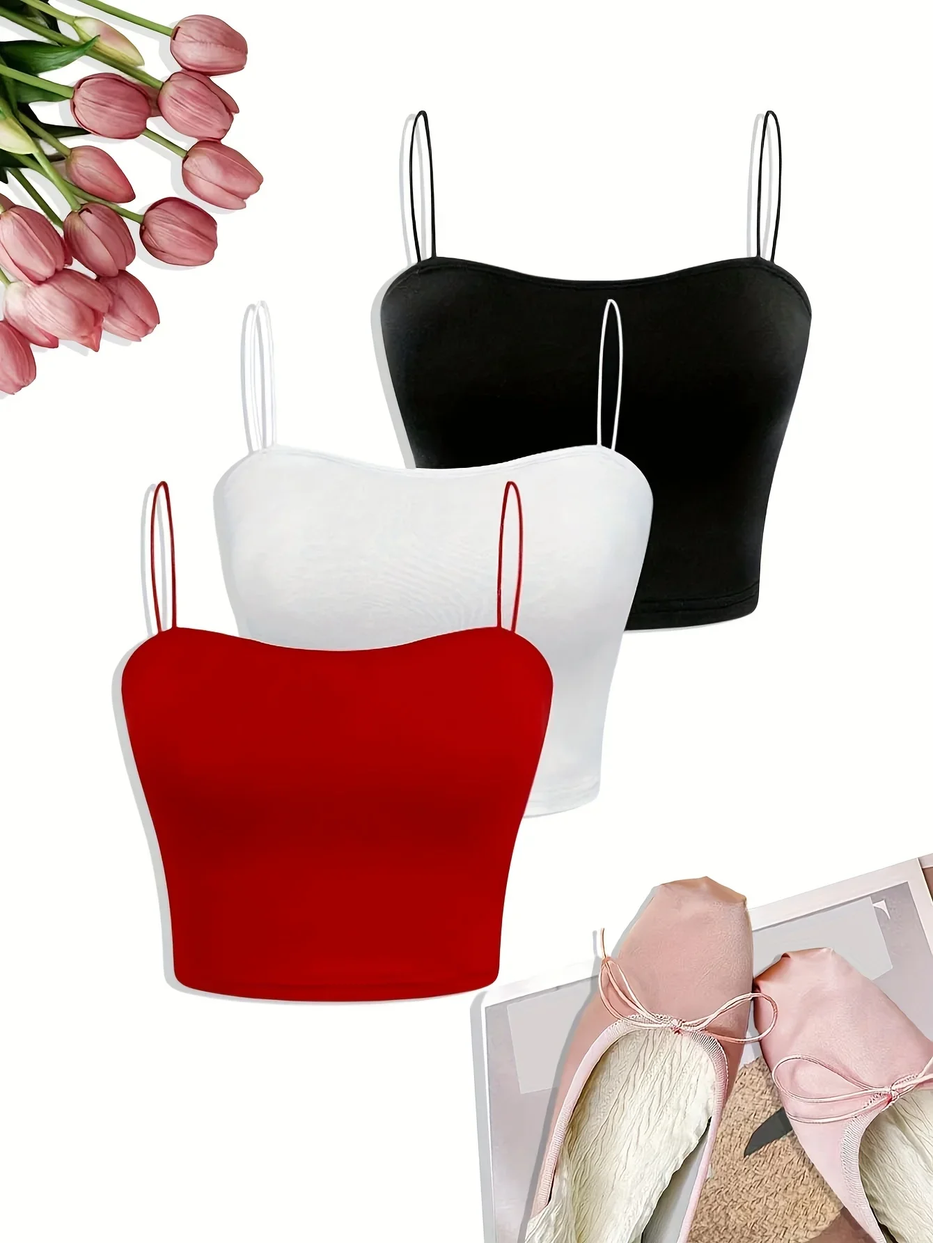 3 Pack Solid Color Crop Cami Top Versatile Slim Spaghetti Strap Top For Summer Women's Clothing