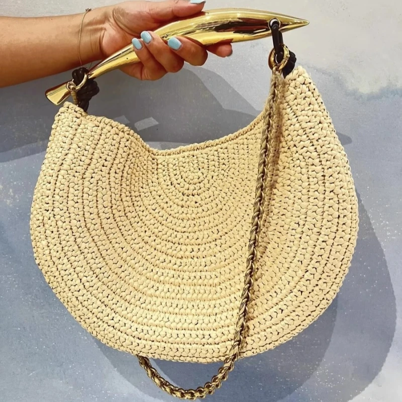 

Luxury Designer Fashionable Hand-woven Straw Bag for Women 2025 Trendy Metal Handle Handbag Gold Chain Shoulder Bag Summer New