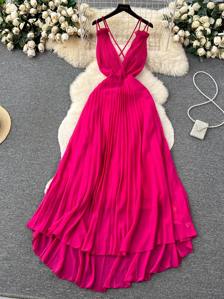 SINGREINY Summer Sexy A Line Dress Deep V Neck Sling Cross Ruffles Backless Pleated Solid Women Elegant Evening Party Long Dress