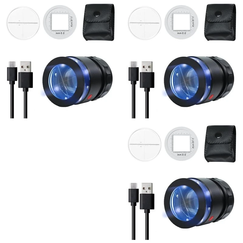 Eco-Friendly-3Pcs Loupe Magnifier 10X,Rechargeable Magnifying Glass With LED Light And Scale, Adjustable Focal Length Magnifier