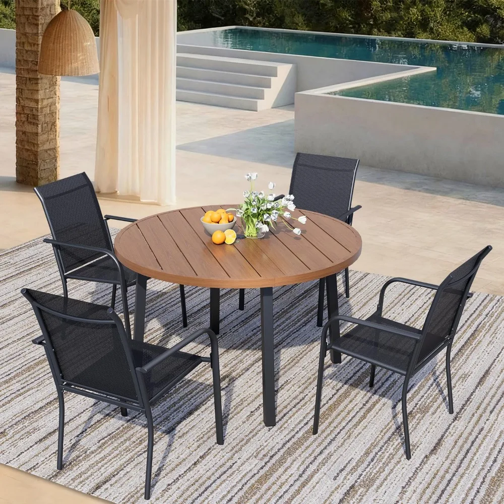 

5 Pieces Patio Dining Set for 4, Black Patio Stackable Chairs and Walnut Round Table Set of 4, Outdoor Furniture, Customized