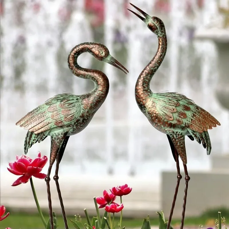 Shorayn Garden Crane Statues Blue Heron Sculptures for Outdoor Cranes Decor Metal Bird  Garden Decoration Outdoor