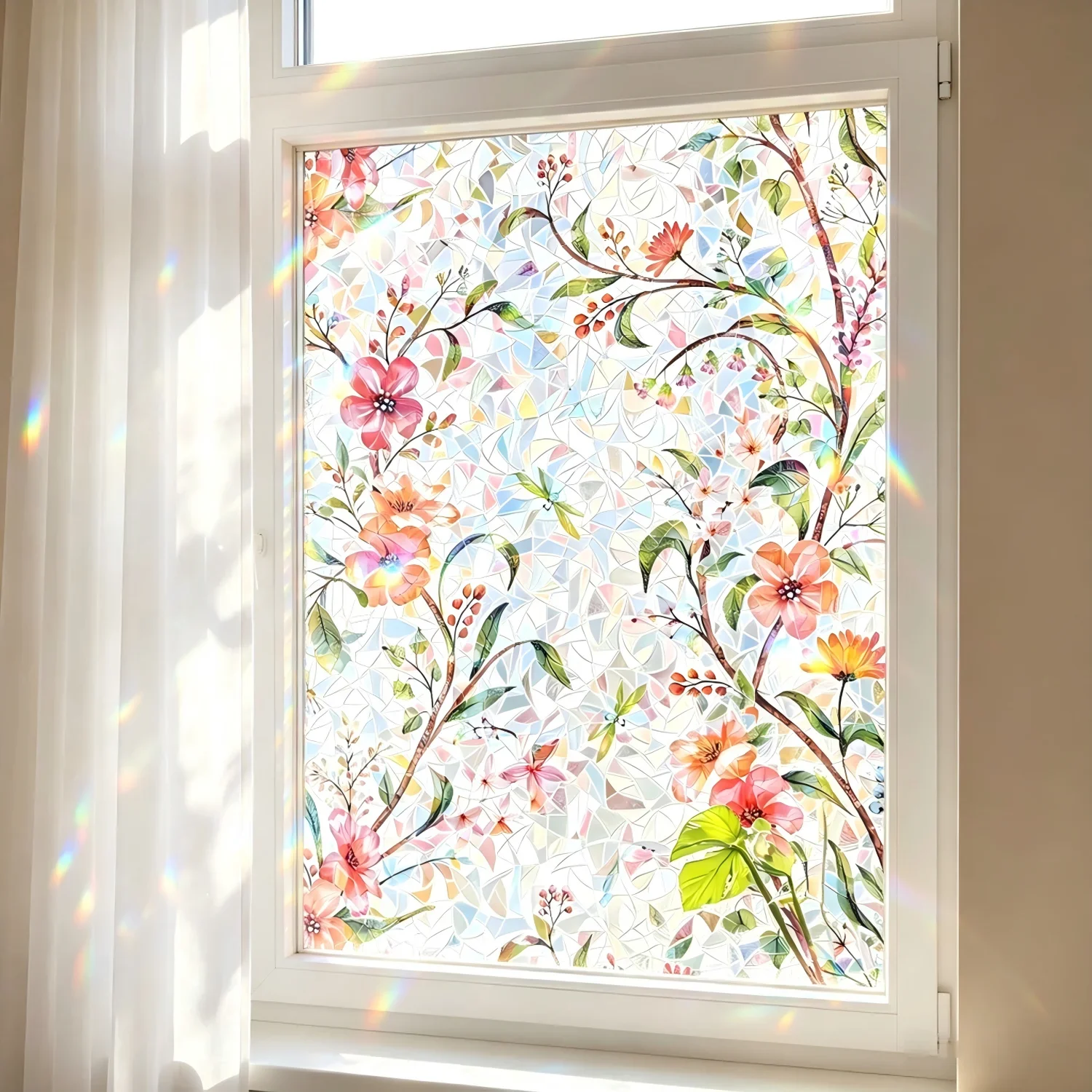 Floral Galsang Flower Window Privacy Film Rainbow Static Cling Vinyl Decal No Glue Anti UV Heat Insulation for Home Glass Doors