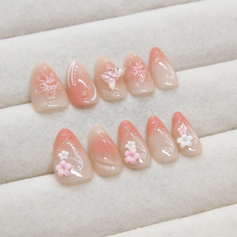 24pcs Wearablr Almond False Nail Tips Blush Pink Press On Nails con 3D Flower Butterfly Decor patch per unghie finte rimovibili