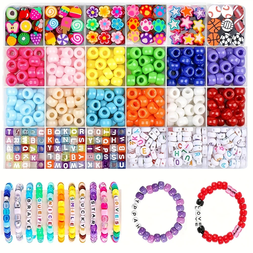 Contas de pônei para pulseira de amizade, kit de fabricação de 24 cores, conjunto de contas Kandi, plástico arco-íris em massa e 980 peças de contas de letras com inteligência
