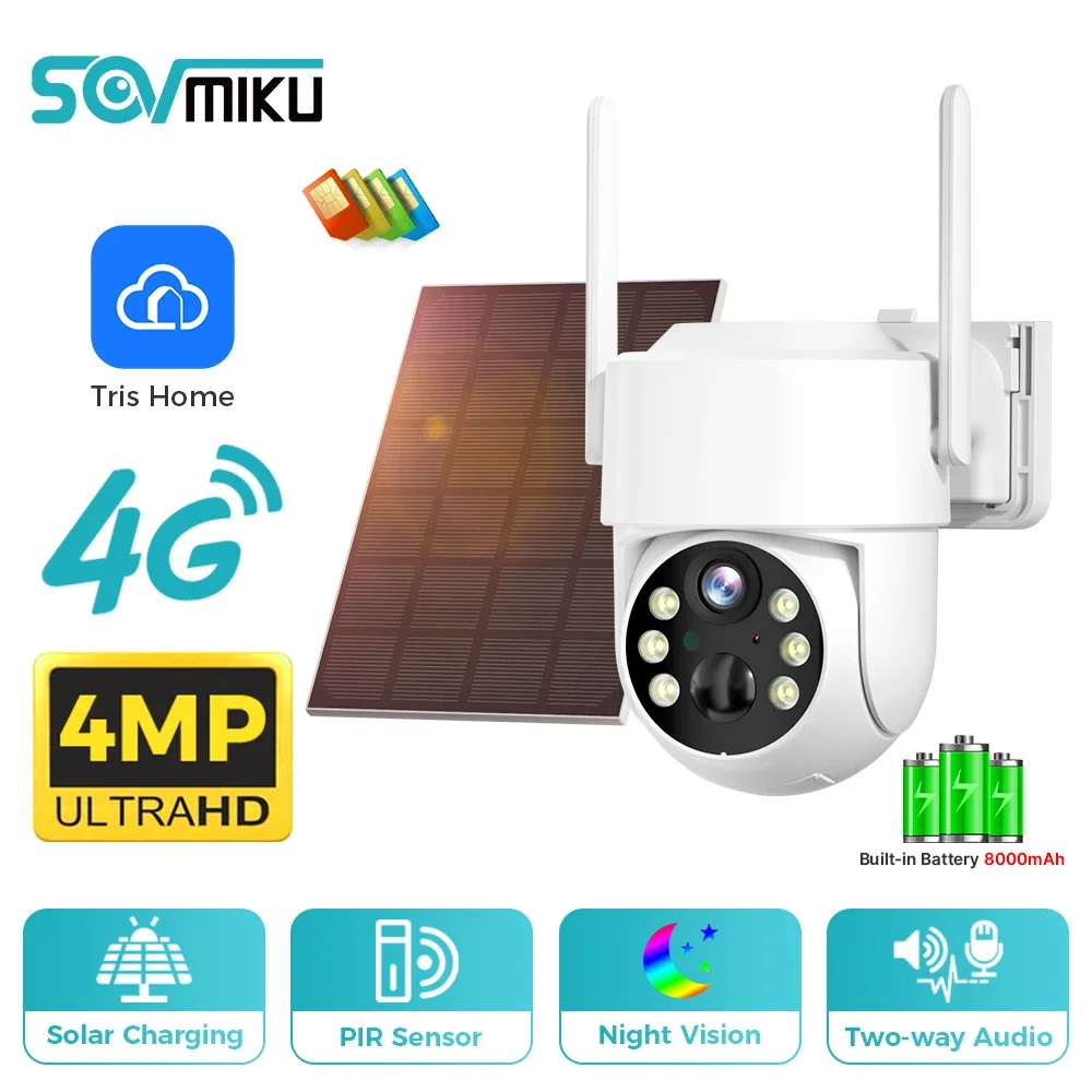 SOVMIKU 4G Солнечная камера 4MP PIR для обнаружения человека Видеонаблюдение с солнечной панелью PTZ-камера с аккумулятором 8000 мАч Длительное