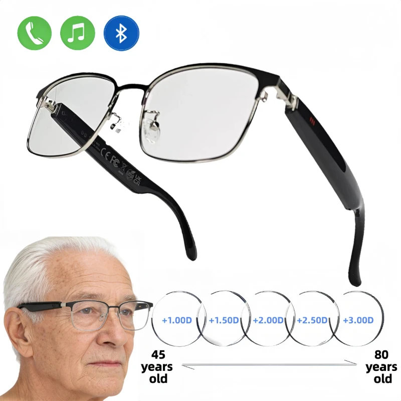 Bluetooth Audio Smart Reading Glasses, Music Reading Glasses with Blue‑Light Blocking Lenses, Metal Frame Wireless Smart Eyeglasses for Daily Use