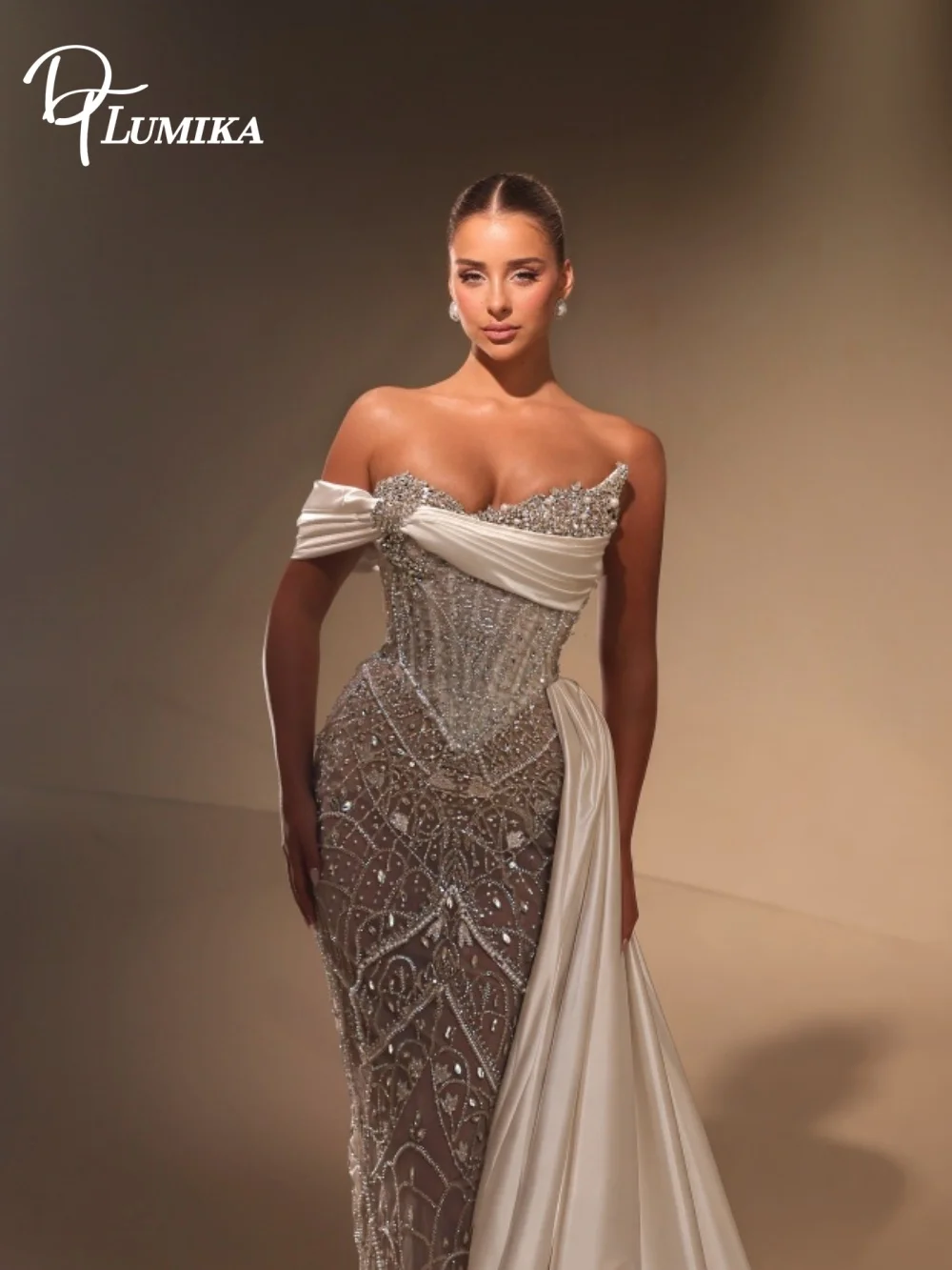 Opulent Off Shoulder Satin Short Sleeve Shimmering Mermaid Bridal Gowns Wedding Dress Side Draped Customized Vestido De Noiva