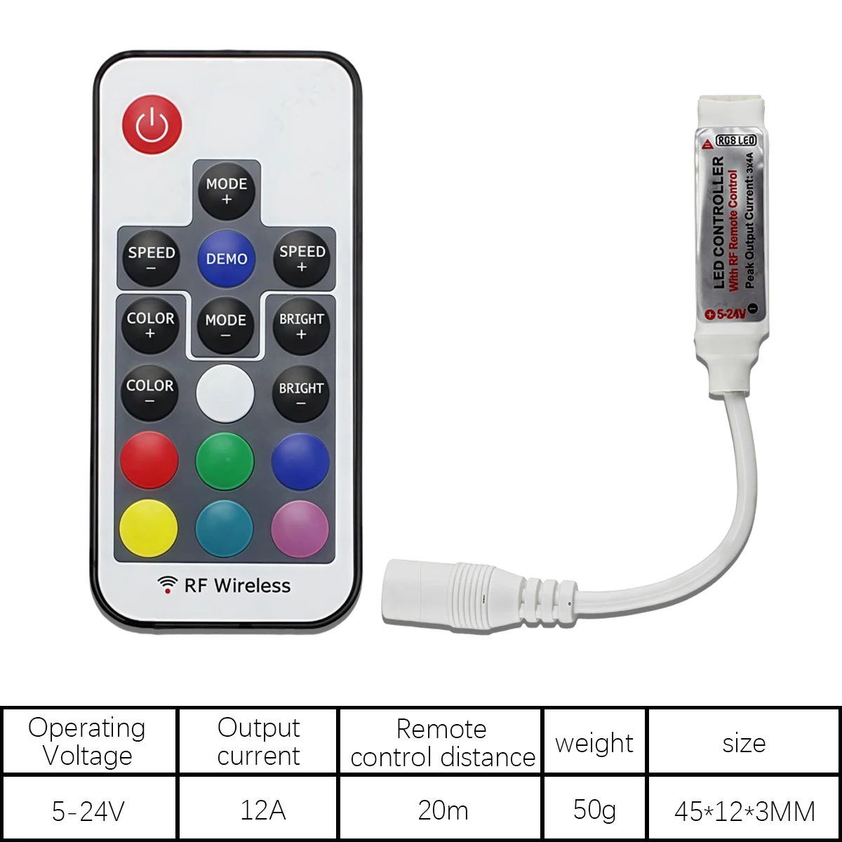 RF Wireless RGB LED Controller - Remote Dimmer for 5050 Color Changing Strip Lights, 5-24V DC