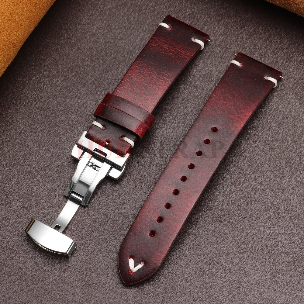 18mm 20mm 22mm Armband für Seiko Vintage Öl-Wachs-Leder Uhrenarmband Herren Damen Schmetterlingsverschluss Genähtes Rindslederband für Omega – Detail 16