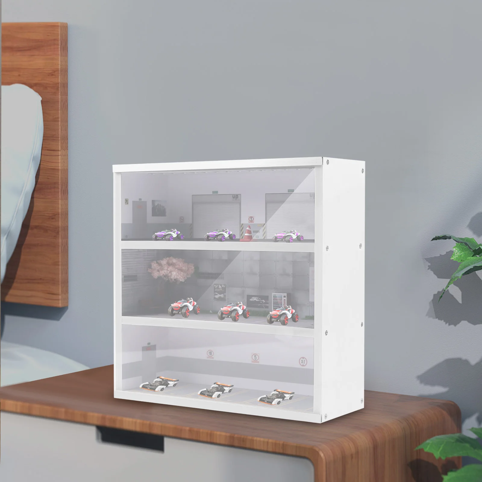 1:64 Simulation Diorama Parking Lot Display Case, 3 Tier 16 Parking Spaces Model Car Display Case with LED Light, Car Parking Lot Model for Diecast Car Collection - view 6