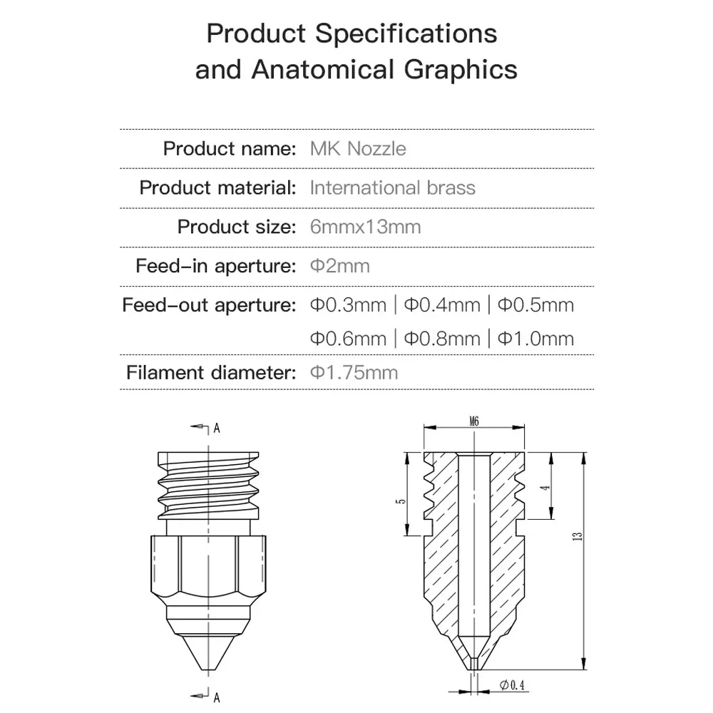 Creality 5 sztuk/zestaw 0.2/0.4/0.6/0.8/1.0mm MK8 Hotend wytłaczarka mosiężne dysze do drukarki CR-6 SE/Ender-3 Series/Ender 5 Series