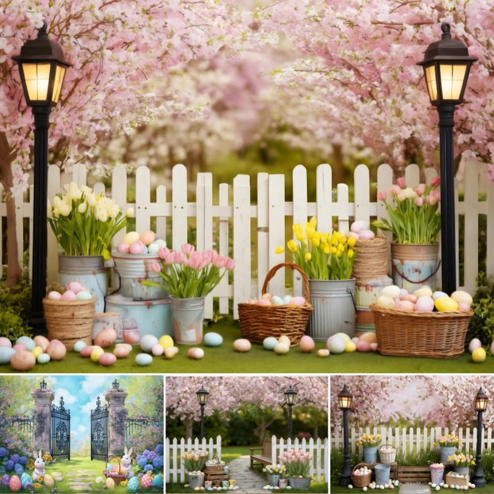 

Spring Easter Backdrop Photo Flower Fence Cherry Blossoms Eggs Tulips Kids Family Portrait Booth Photography Background Propr