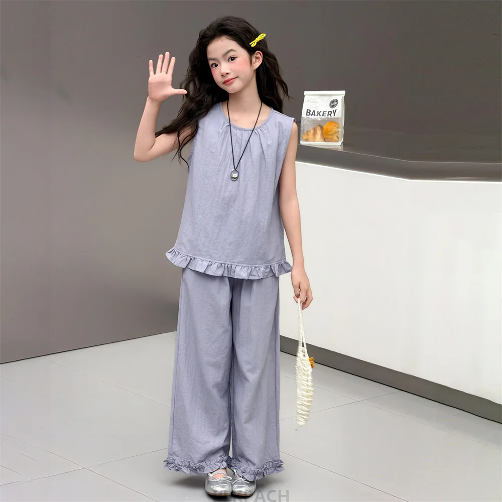 New Fashion Children's Summer Suit for Girls Sleeveless Top + Denim Jeans 2 Pcs Clothing Set Kids Stylish Top Bottom Set 5-14 Y