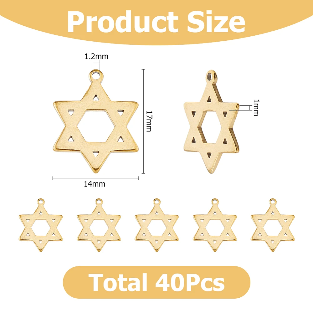 40Pcs Stainless Steel Star of David Charms 18K Gold Plated Jewish Star Charms Tiny Six Pointed Charm