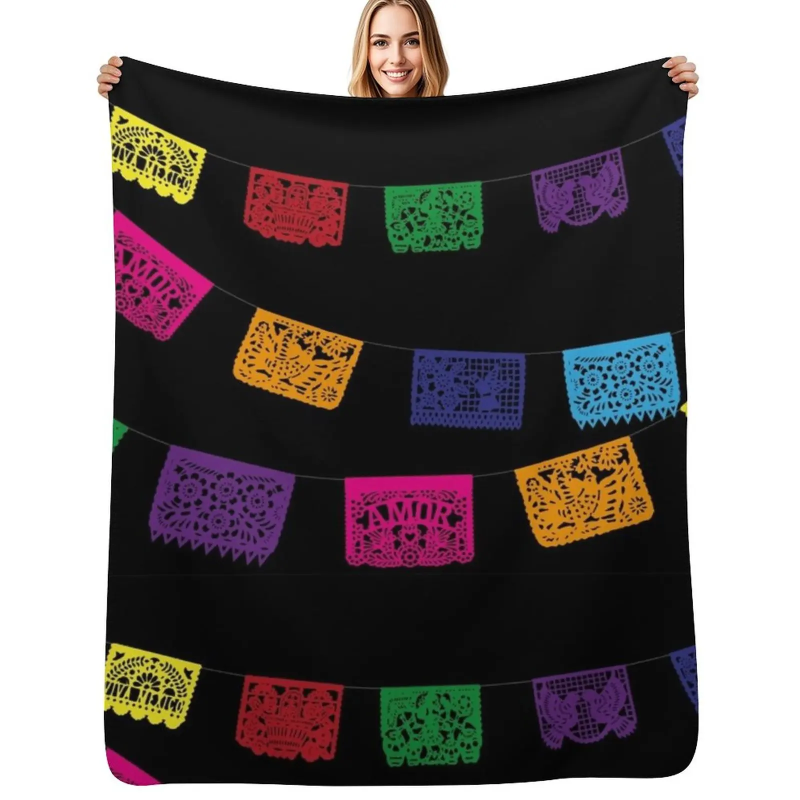 Papel picado mexicano, pancarta para fiesta, decoraciones hechas a mano para fiestas, Cinco de Mayo, manta decorativa, mantas de felpa suave con peso y diseño a cuadros