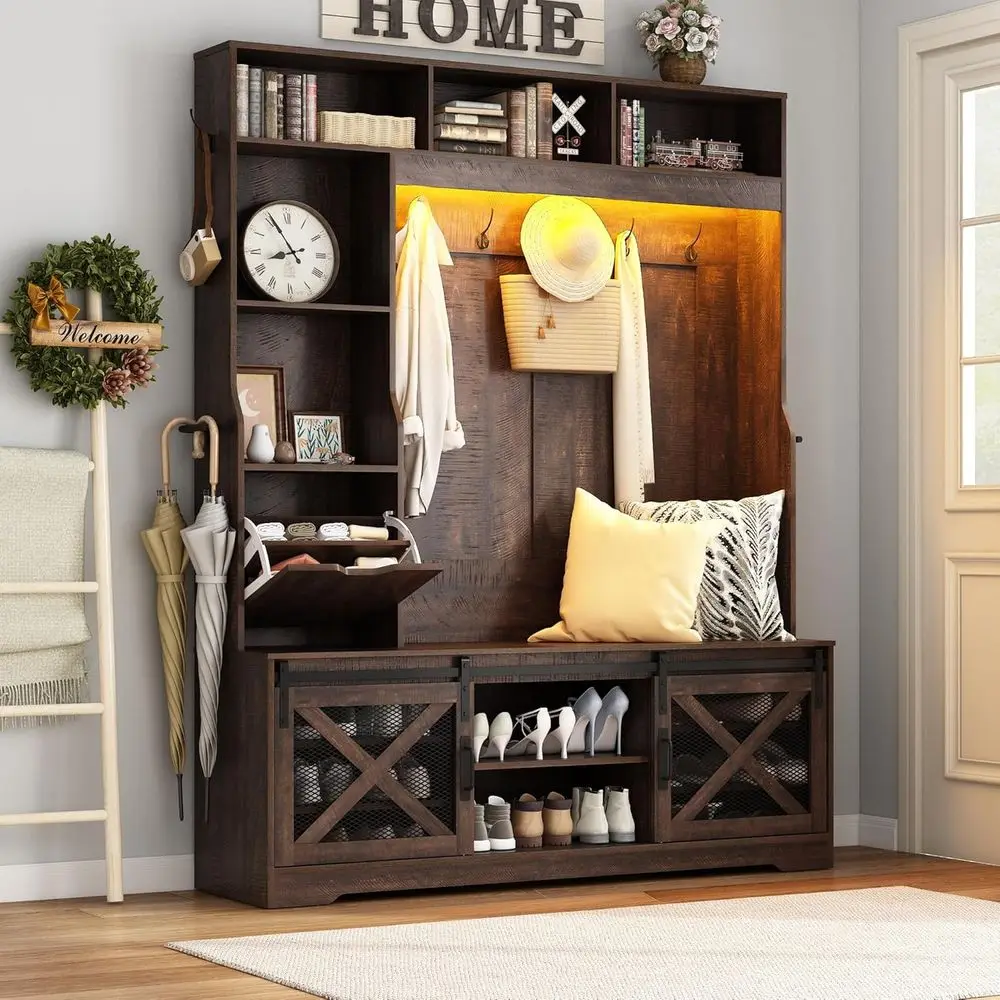 

Вешалка-стойка для прихожей с 72 светодиодными лампами, скамейкой, 16 местами для обуви, держателем для зонтов и выдвижным ящиком для носков (коричневая)