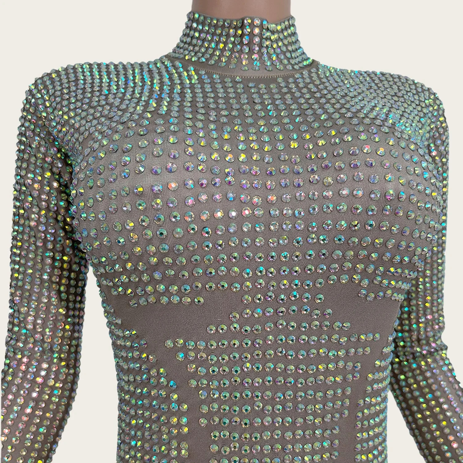 Jingdian Sparkly Full Rhinestones Long Sleeve Jumpsuit Women Sexy Tight Fitting Performance Dance Costume Nightclub Stage Wear