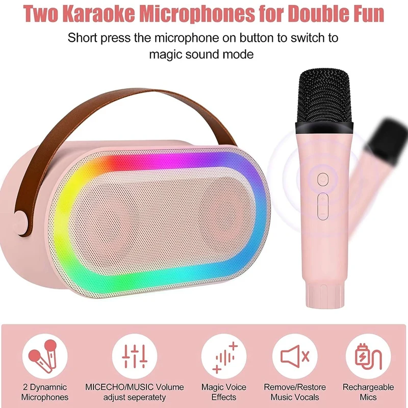 Mesin Karaoke Mini, Set Speaker Bluetooth portabel dengan 2 mikrofon nirkabel dengan lampu LED (putih) mudah dipasang