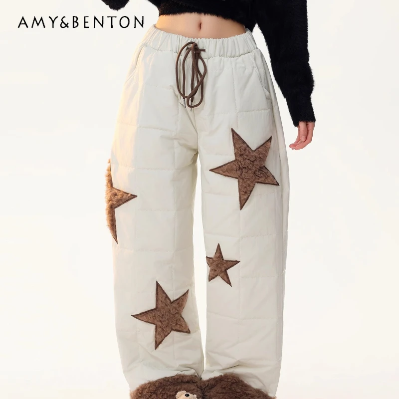 الأمريكية الرجعية رقيق الربط ستار التطريز المرأة سراويل قطنية 2025 شتاء جديد عالية الخصر عادية مستقيم بنطلون السيدات
