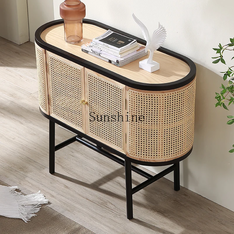 Nordic solid wood simple modern rattan locker small apartment living room porch cabinet