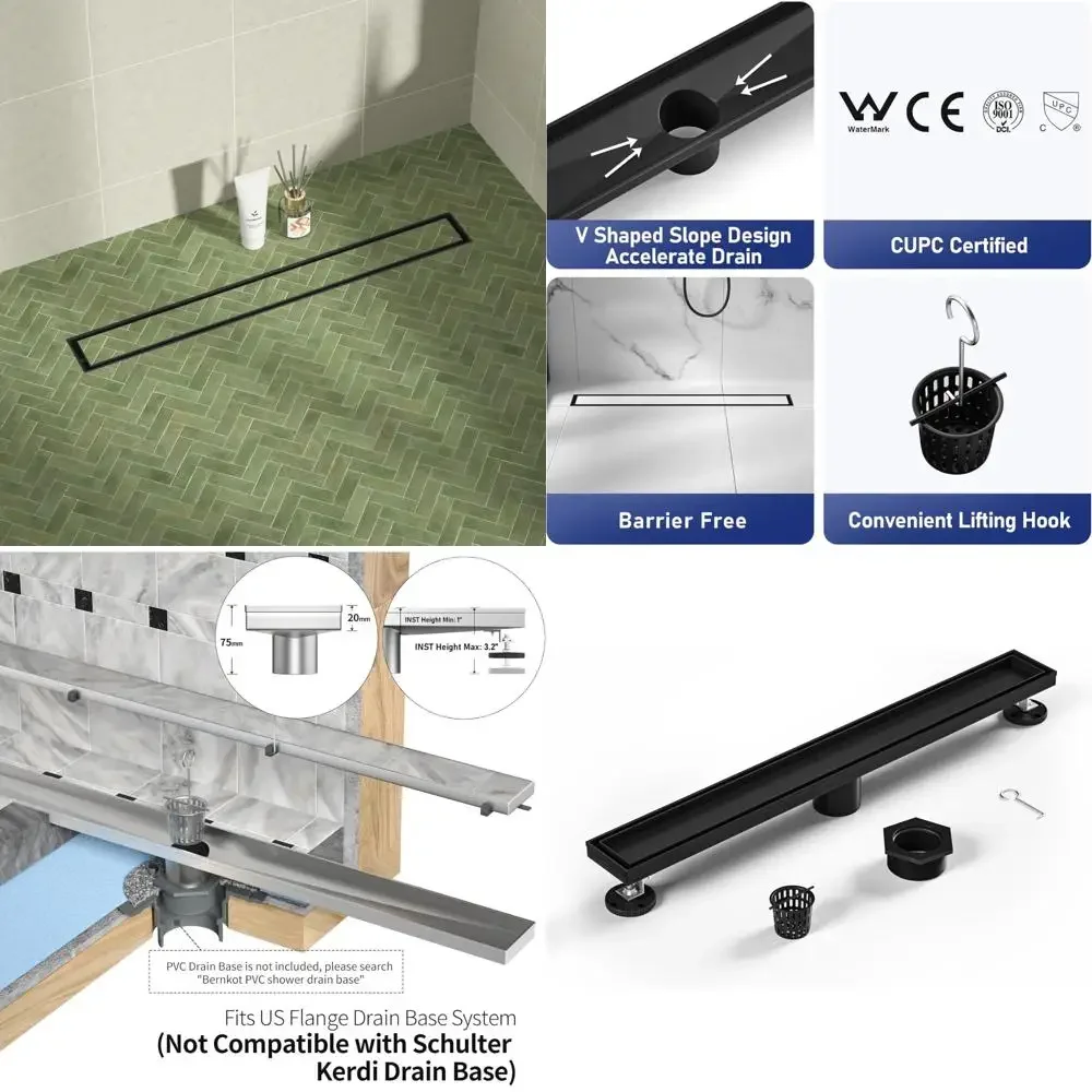 

Matte Black Linear Shower Drain, 24 Floor Drain with Tiled Insert Grate and Hair Strainer, Stainless Steel Bathroom 2-in-1 Tile-