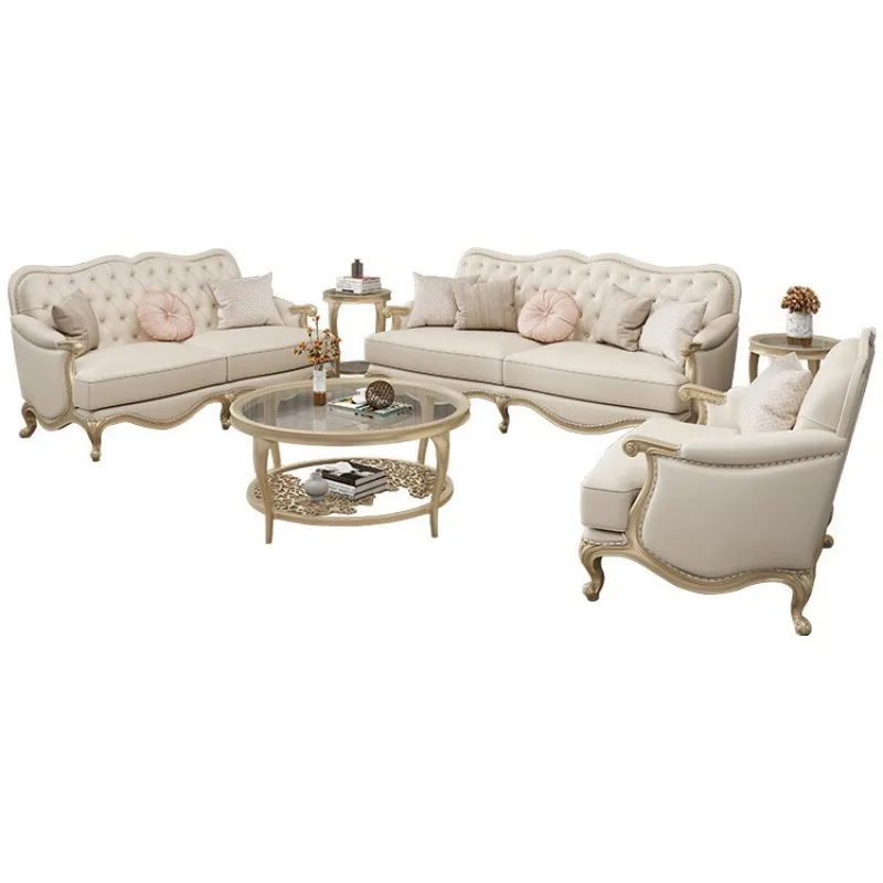 

Solid wood postmodern leather sofa luxury villa 123 combination European living room furniture French style