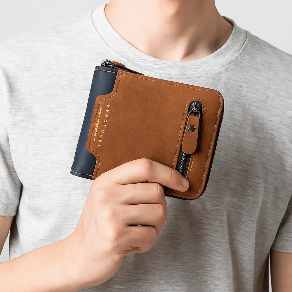 Portable Multi-position Men's Short Wallet Large Capacity Zipper PU Leather Coin Purse Multi-function Thin Card Holder Male