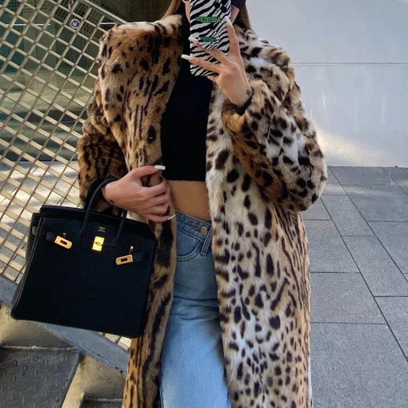 

UETEEY Winter Long Warm Thick Leopard Fluffy Faux Fur Coat Women Tiger Print Runway Loose Luxury