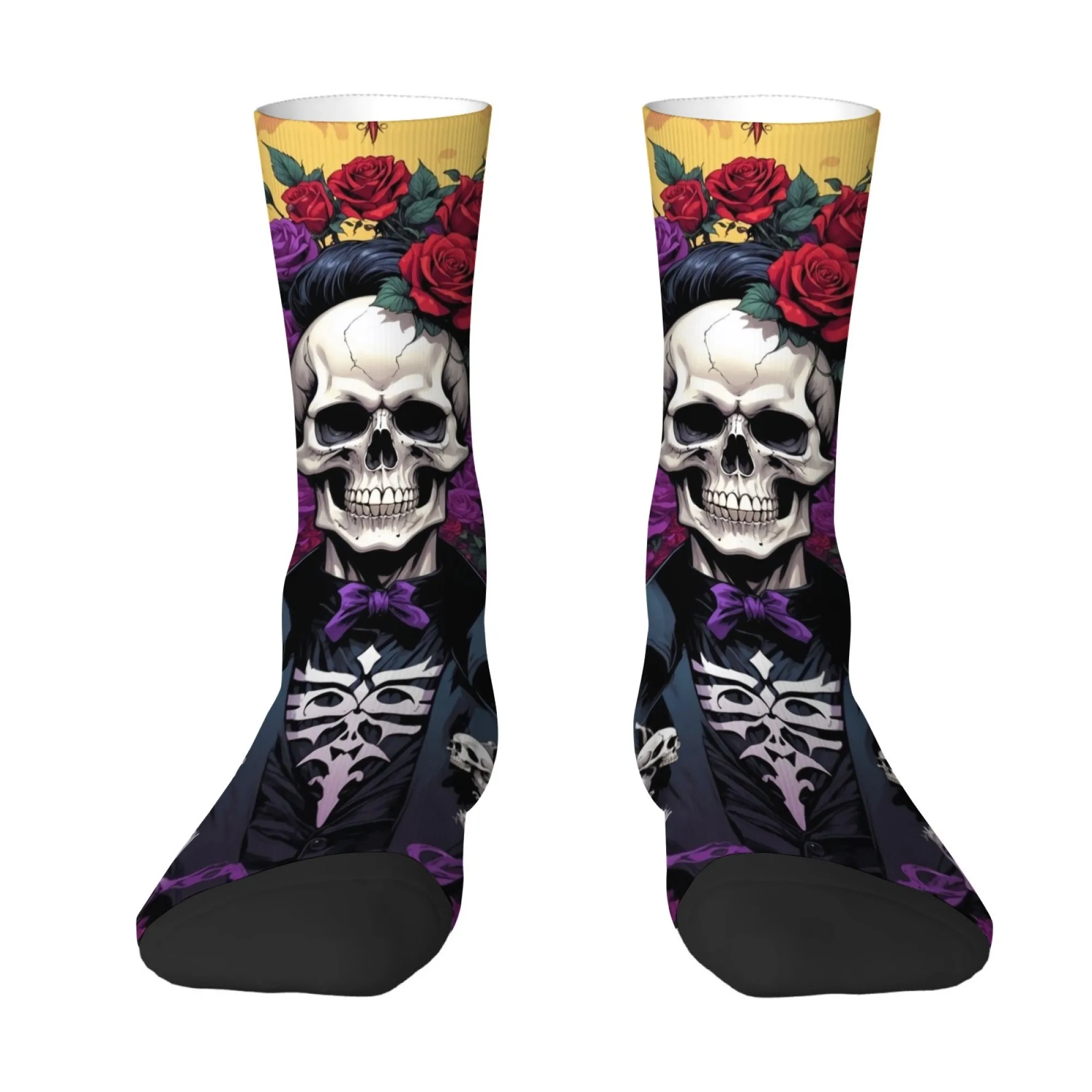 Novelty Skull and Rose Print Men's Mid-Calf Socks Dark Gothic Romantic Death Aesthetics Artistic Soft Warm and Breathable Socks
