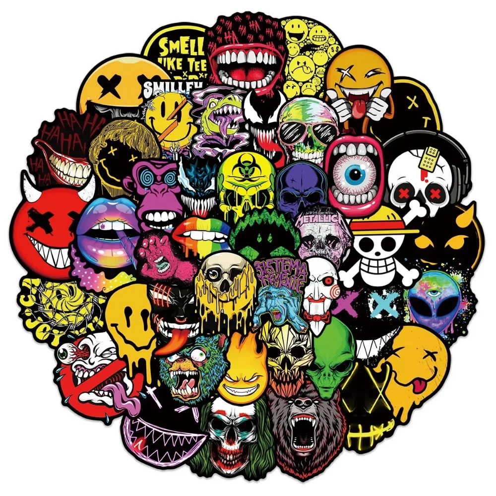 50PCS Cool Fashion Cartoon Horror Smiley Graffiti Sticker Suitcase PVC Skateboard Laptop Refrigerator Phone Car DIY Decal