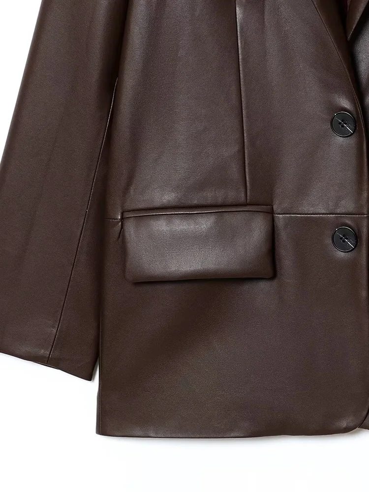 معطف بليزر نسائي أنيق من الجلد الصناعي فضفاض مناسب بنمط المال القديم وأكمام طويلة وزر أمامي ملابس خارجية أنيقة