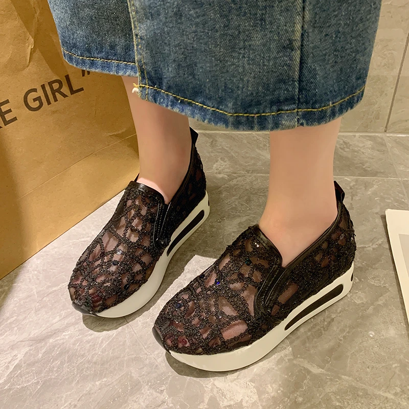 Summer Women\'s Platform Sneakers Shiny Gold Floral Embroidery Mesh Sneakers for Women Slip on Casual Comfy Heeled Shoes Woman