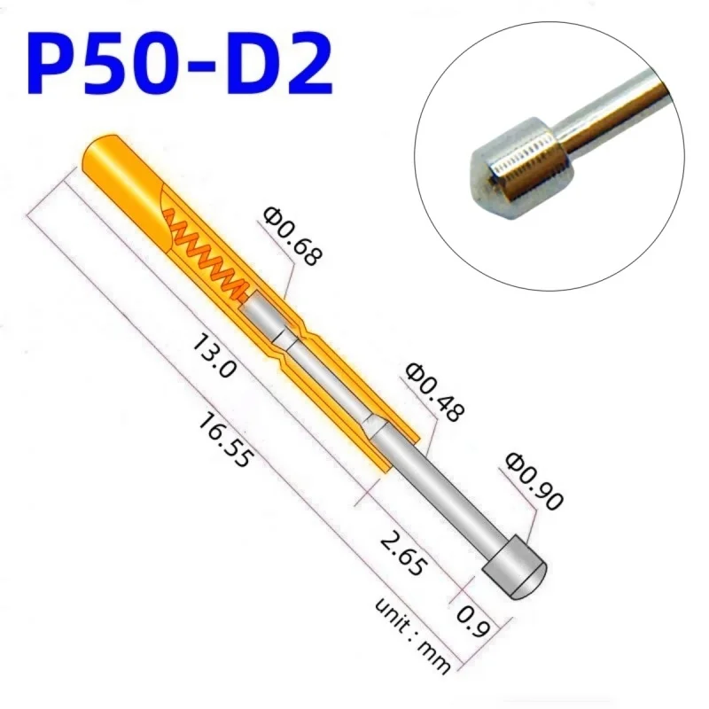 100PCS P50-D2 Spring Test Probe Test Pin Pogo Pin P50-D Electric ICT FCT PCB Test Tool 0.90/0.68/16.55mm Needle Round Tip Head