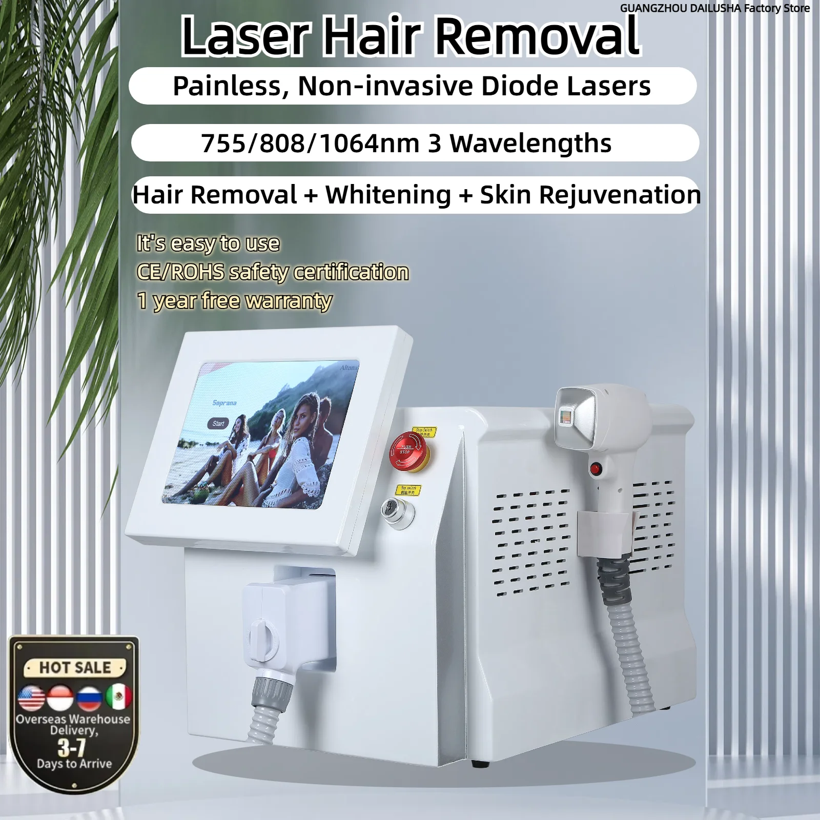 

HOT Portable 3 Wavelength 755nm 808nm 1064nm Diode Laserr hair removal lce Titanium Platinum Diode Laserr hair removal