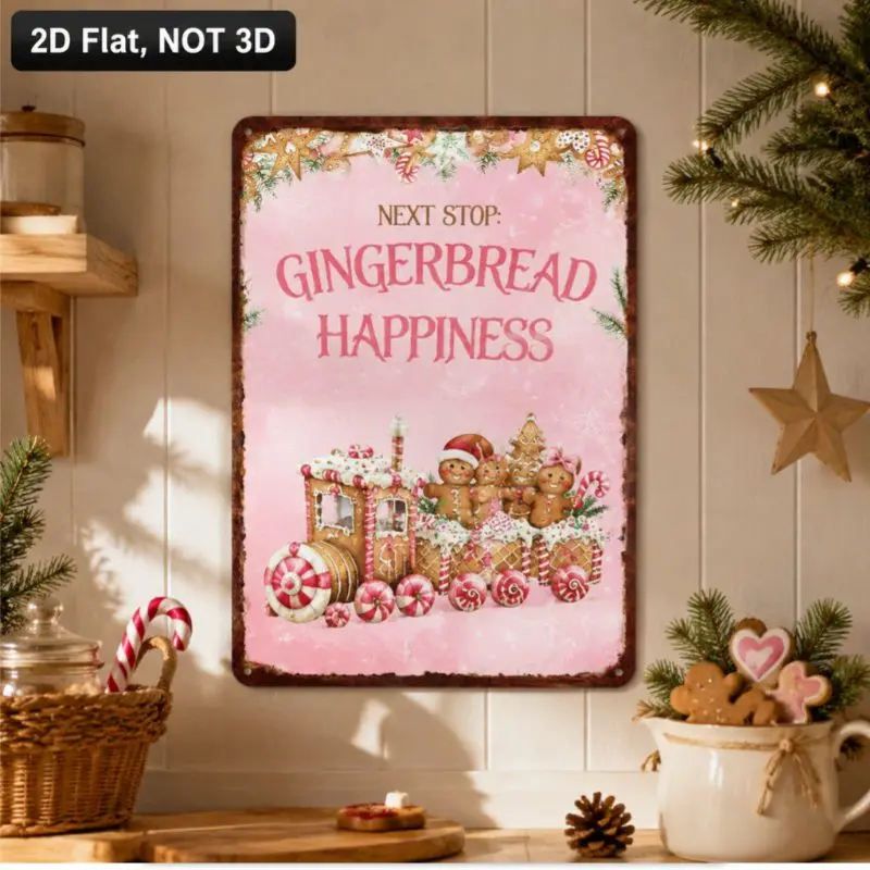2D Flat Printing, Metal Sign Pink Christmas Gingerbread Train Wall Tin Sign for Kitchen Home Holiday Decor Suitable for Front Do