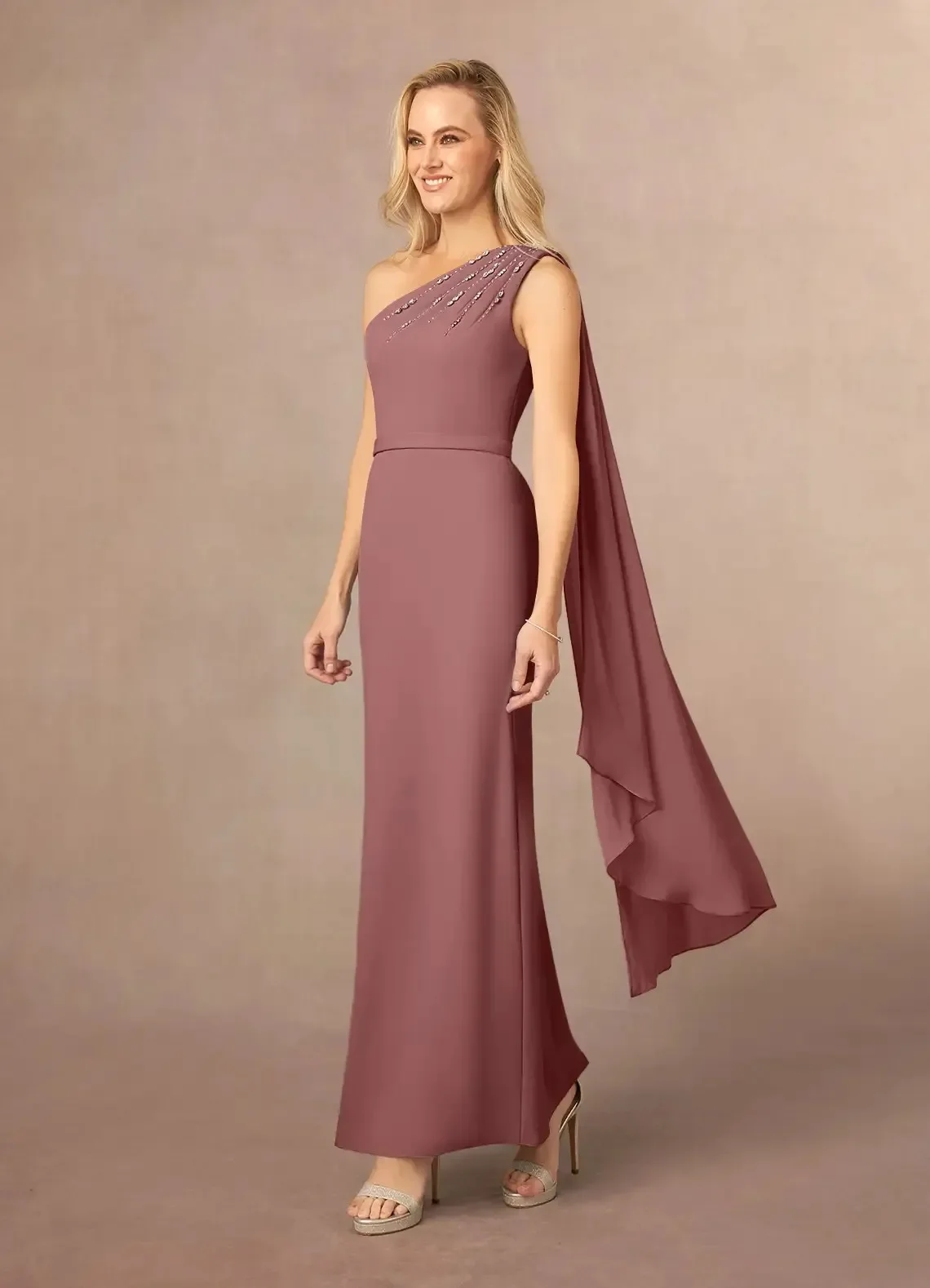 Long Elgant Beaded Capelet One Shoulder Chiffon Ankle-Length Dress Mother of the Bride Groom Dress Evening Party Wedding Dresses