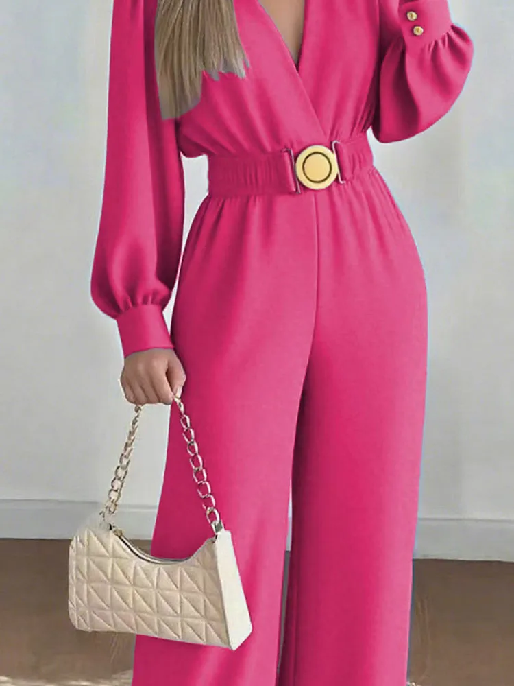 

Sexy V-neck Long Sleeve Autumn Playsuit Elegant Belt Lace-Up Solid Color Long Romper Fashion Hight Waist Draped Party Playsuits