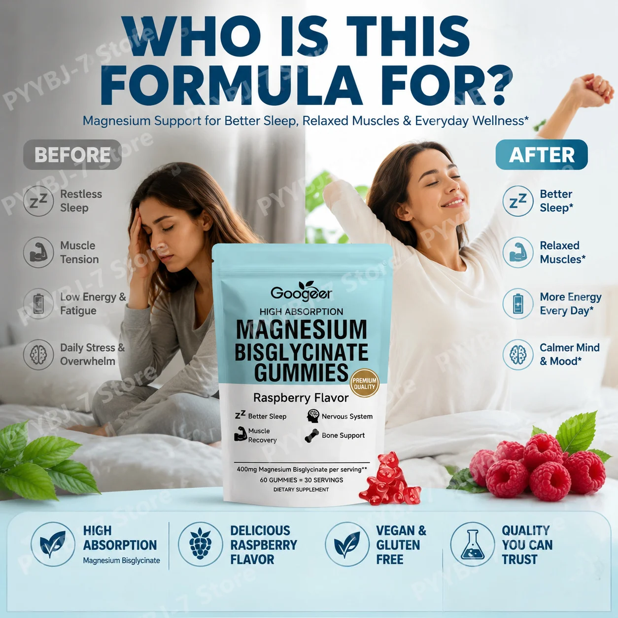 Magnesium Bisglycinate Gummies Improve Sleep Quality Relieve Muscle Tension, 400mg High Absorption Raspberry Flavor, 60 Count
