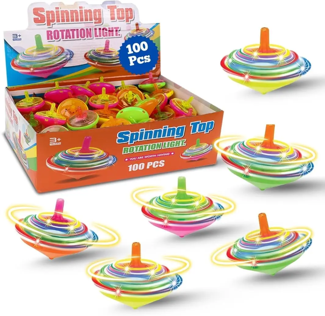 

100 LED Mini Spinning Tops for Kids - Bulk Party Favors, Glow in Dark, Multicolored
