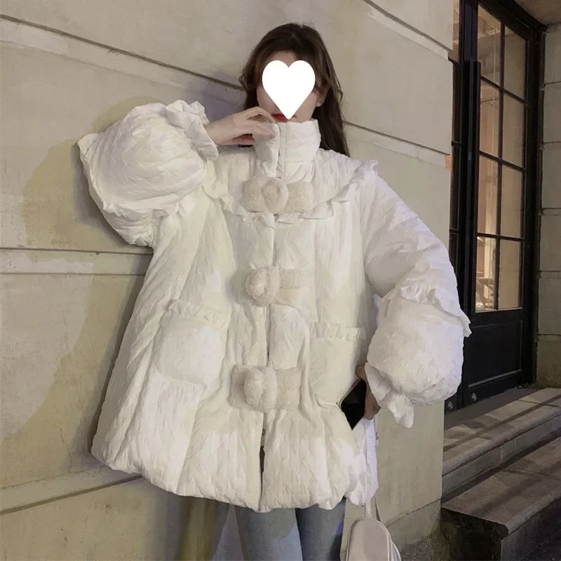 White Thickened Warm Parka Female Loose Long Sleeves Stand Collar Hidden Button Designs Coat Ladies Winter Ruffle Cotton Jackets
