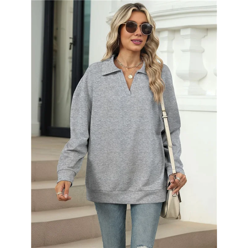 

A83F-Womens Long Sleeve Tops Collared V Neck Polo- Shirts Lightweight- Sweatshirt 2025 Fall Fashion Clothes